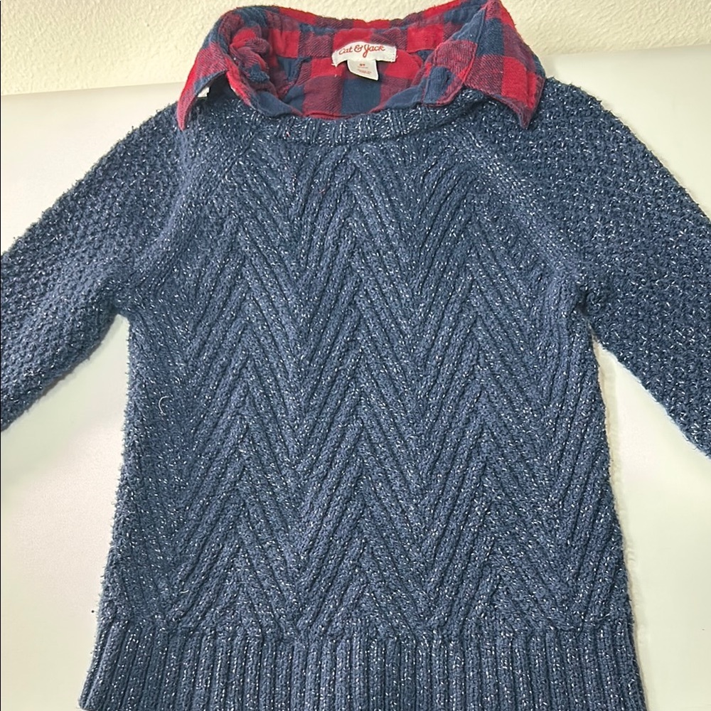 Blue Sweater with Plaid Collar